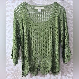Vintage Y2K Bette Paige Women’s XL Olive Green Crochet Lace 3/4 Sleeve Top